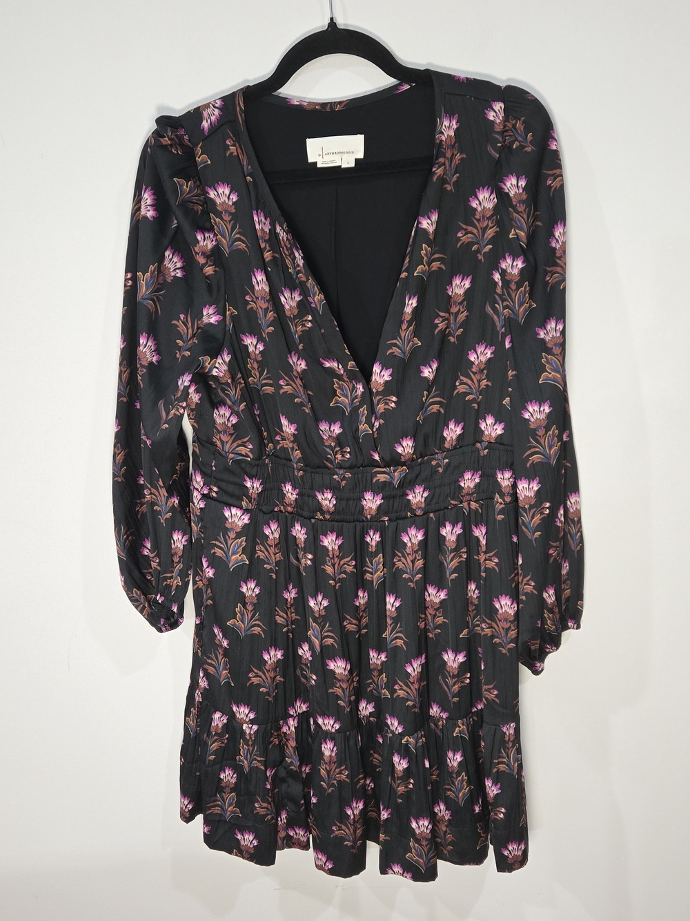 Anthropologie Sz Large Black Dress with Pink and Brown Floral Print